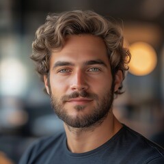 Confident Young Man with Beard in Casual Wear Smiling Indoors at Barbershop - Stylish Portrait with Warm Lighting and Bokeh Background