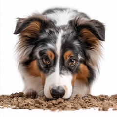 Adorable Playful Australian Shepherd Dog Outdoors. Furry Friend With Cute Expression and Brown Eyes in Nature Photography Portrait