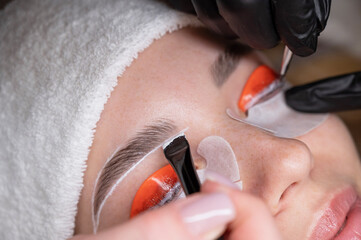The process of professional lamination and dyeing of eyelashes and eyebrows in the salon....