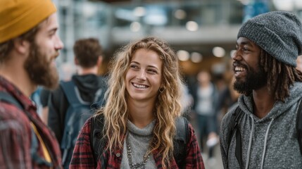 Fototapeta premium Group of young adults with backpacks chatting inside campus building