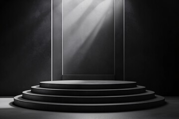 Dramatic Spotlight on Minimalist Podium in Elegant Theatrical Setting. Modern Stage and Showcase Photography