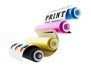 CMYK Printing press with test print on transparent background. 3D illustration © Destina