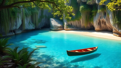 Hidden Lagoon Serenity Stunning Tropical Cave Wallpaper, Boat, Crystal Clear Water, Lush Greenery
