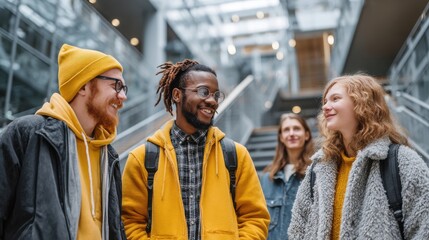 Fototapeta premium Group of diverse students chatting near staircase inside modern campus