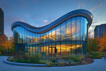 Modern Urban Architecture. Innovative Glass Building with Futuristic Design and Vibrant Colors in Harmonious Cityscape at Sunset