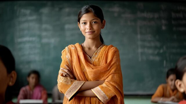 Confident Indian schoolgirl standing in a classroom wearing traditional clothing with her arms crossed looking at the camera