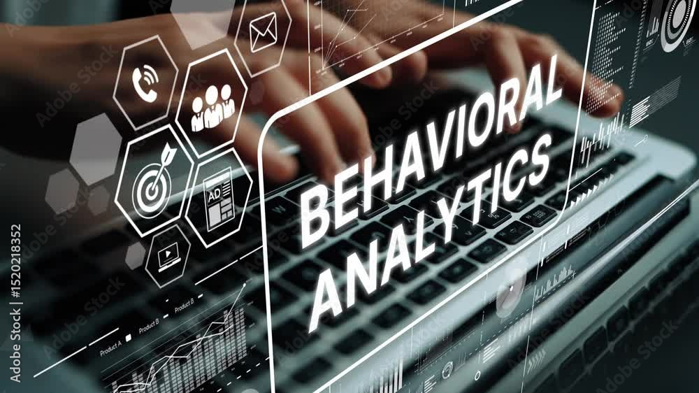 Poster hands typing on laptop with overlaid graphics of behavioral analytics concepts and data visualizatio