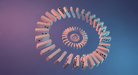 Spiral arrangement of dominoes in motion, illuminated by pink and blue ambient lighting. Concept of cause and effect depicted with perspective. 3D rendering.