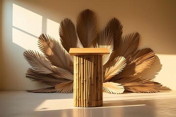 Elegant presentation podium with natural bamboo and dried palm leaves backdrop in warm sunlight