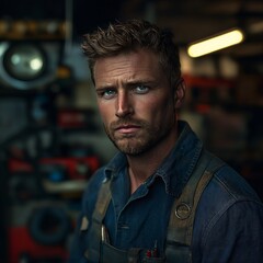 Focused Male Mechanic in Industrial Workshop Creative Portrait With Tools and Professionalism