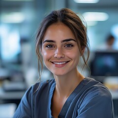 Cheerful Young Woman Medical Professional in a Team-Oriented Office Environment