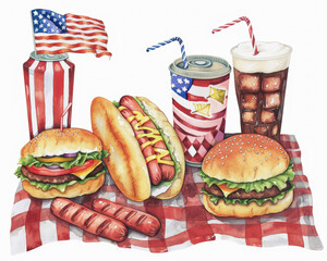 A Patriotic Picnic Featuring Burgers, Hot Dogs, and Soda