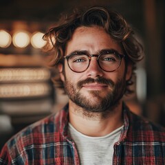 Trendy Hipster Portrait. Stylish Young Man with Glasses and Beard in Casual Flannel Indoors