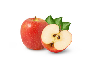 Vibrant red apple with cut in half and leaves isolated. Pink lady apples with leaf.