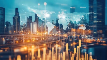 Urban Cityscape with Digital Overlay of World Map and Chart Data