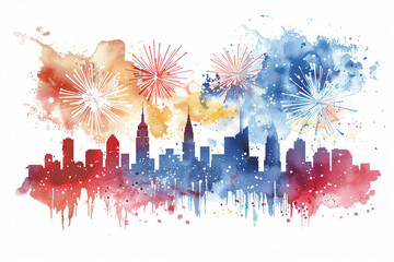 Watercolor Fireworks Display Over a New York City Skyline