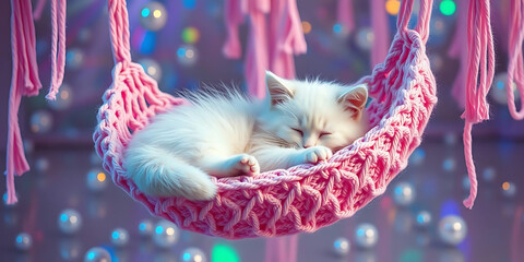  White Kitten Sleeping in a Pink Knit Hammock