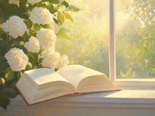 Peaceful Reading Spot by Window with Warm Golden Light

