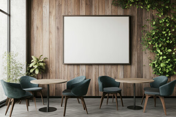 Empty picture frame with stylish chairs and tables in a modern restaurant setting
