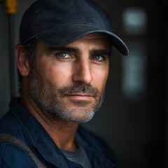 Portrait of Serious and Confident Bearded Man in Winter Workwear - Handsome Focused Gaze and Masculine Expression