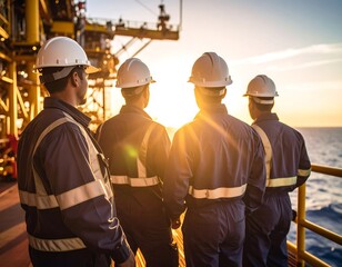 Oil rig workers at sunset