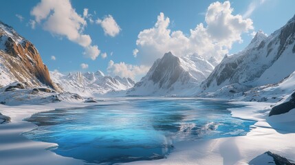 Fototapeta premium Stunning winter landscape partially frozen lake surrounded by snow-capped mountains under a bright blue sky.
