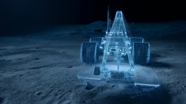 Transparent holographic excavator operating on a moon like terrain, highlighting technology and automation in space exploration and construction