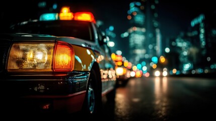 Nighttime Cityscape with Police Car Lights, Urban Security Scene, Law Enforcement Vehicle, Blue and Red Flashing Lights