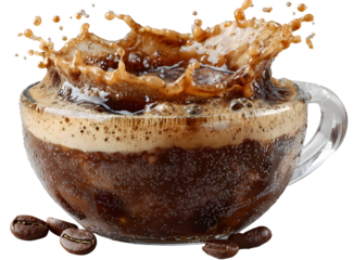 Coffee splash in a glass cup with coffee beans isolated on transparent background