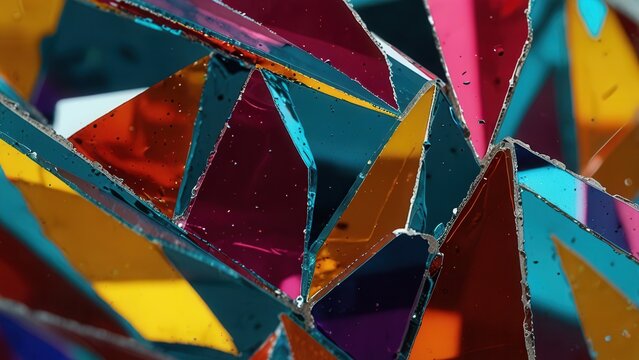Macro of Colored Broken Glass Shards with Reflective Edges