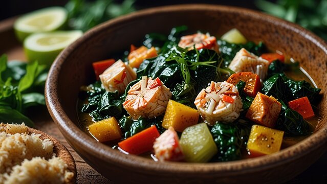 Caribbean Callaloo Stew with Crab and Leafy Greens, Island Cuisine Close Up