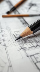 Pencil closeup sketching architectural blueprint lines on white paper
