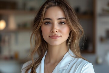 Portrait of a Young Woman Smiling in Professional Attire. Natural Light, Wellness, and Relaxed Elegance