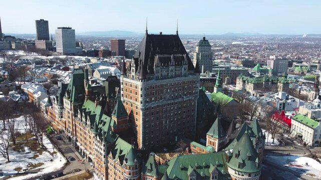 Drone View of Chateau Frontenac and Old Quebec City, Canada
