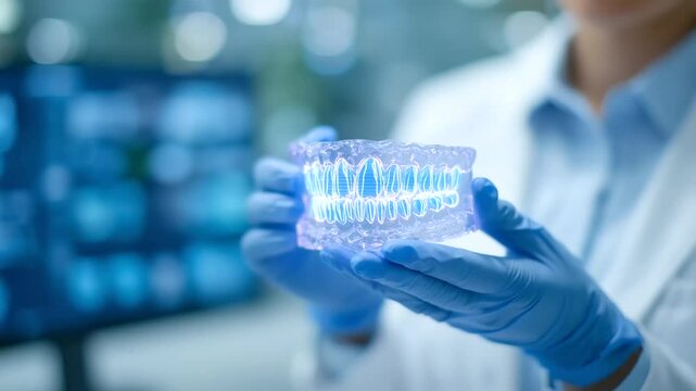 Cutting-edge dentist demonstrates a 3D printed dental model in a state-of-the-art clinic.