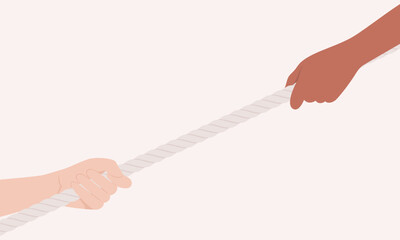 Two hands of different skin tones pulling a rope in opposite diagonal directions. Flat vector illustration