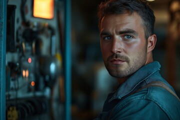 Industrial Engineer in Workshop. Handsome Mid-Adult Mechanic Focused on Control Panel. Professional Portrait of Strong Blue Collar Worker