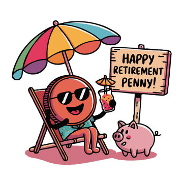 happy retirement penny coin phased out not used anymore vector image funny cartoon cute piggy bank beach umbrella illustration