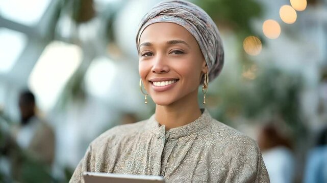A Muslim businesswoman spearheads a dynamic brainstorming session in a contemporary art gallery office.
