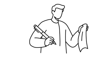 Man writing notes with a pen and holding a paper document a simple line art illustration perfect for business presentations and websites