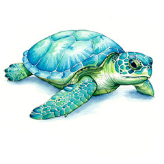 Fototapeta premium Vibrant Watercolor Sea Turtle Illustration: Blue-Green Baby Turtle Art for Ocean Decor, Marine Wildlife Painting