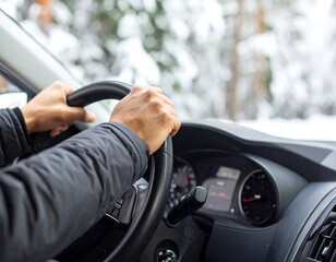 Hands on steering wheel in a snowy landscape