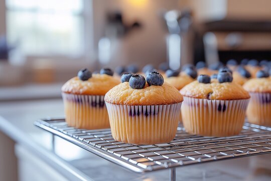 Delicious Homemade Blueberry Muffin. Freshly Baked Gourmet Dessert with Golden Brown Pastry on Wire Rack in Kitchen. Inviting & Wholesome Breakfast Snack.