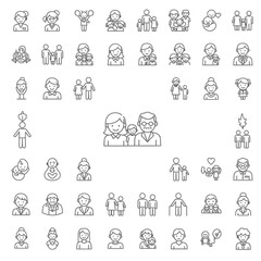 a collection of line art, icons depicting diverse family, and social relationships, black, white