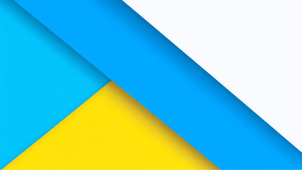 Abstract background featuring overlapping layers of blue yellow and white colors diagonally aligned.,