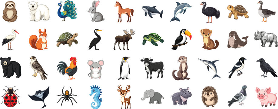 Diverse Animal Collection: An charming compilation of cute animal icon, showcasing the breadth of wildlife in a playful style.