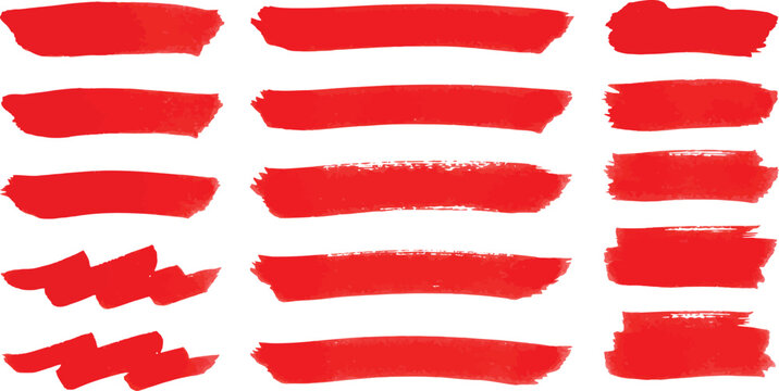 Brush texture red stroke underline highlight. Marker red pen highlight stroke. Vector hand drawn brush underline element set for accent, crayon texture emphasis effect. Chalk vector illustration
