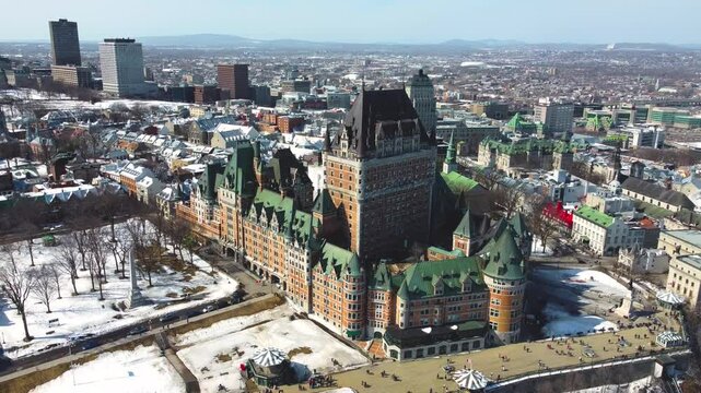 Drone View of Chateau Frontenac and Old Quebec City, Canada