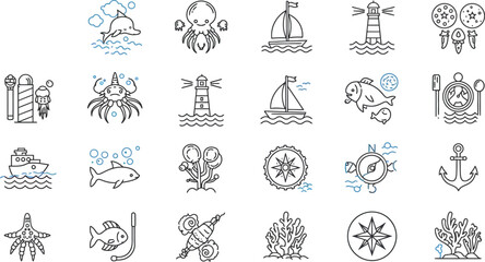 Marine Life, Nautical Elements line icon set. Vector pictograms of sea creatures, sailing, underwater exploration, sailboat, lighthouse, ship, anchor, compass, coral reef thin linear illustration.
