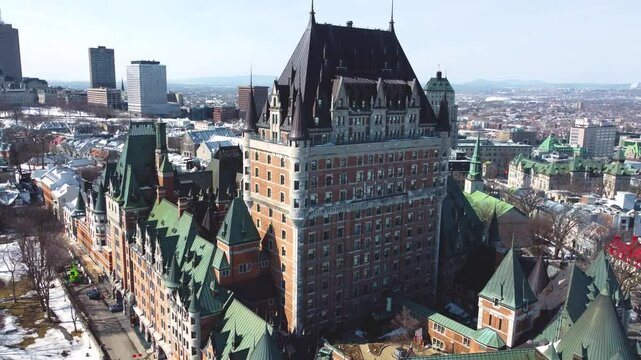 Drone View of Chateau Frontenac and Old Quebec City, Canada